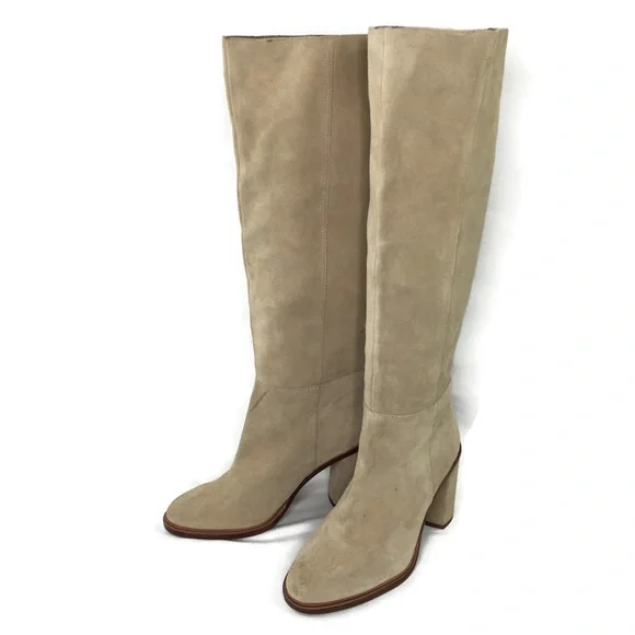 Vince Camuto Dameera Beige Suede Leather Block Heel Pull On Boot